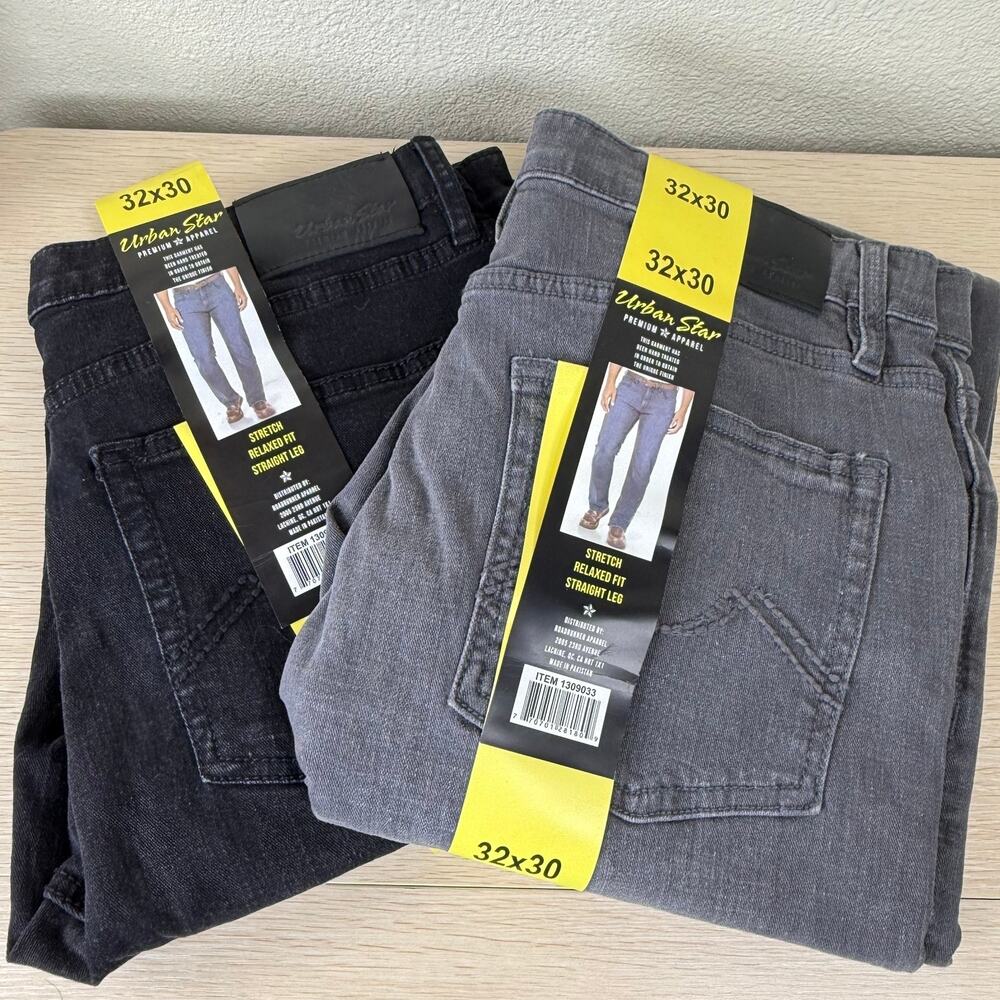 Urban Star NWT Mens Stretch Relaxed Fit Straight Leg Black Gray Jeans 32 x 30